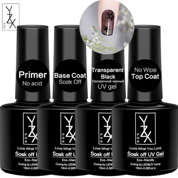 

YZX 4Pcs/Set 10Ml/Bottle Degreaser Primer Base Coat No Sticky Layer No-Cleansing Top Coat Transparent Black Gel Soak Off Enamel