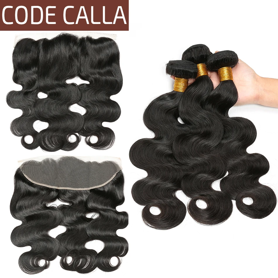 

Code Calla Malaysian Raw Virgin Human Hair Extensions Weft Body Wave Three Bundles With Lace Frontal Ear to Ear Natural Black