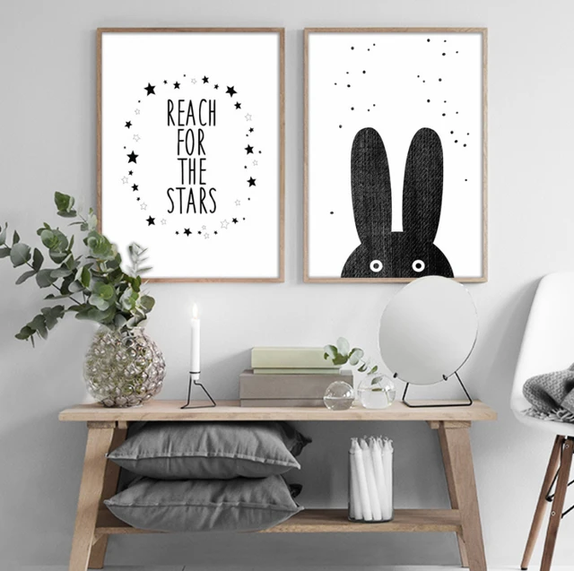 Cartoon Bear Rabbit Canvas Painting Black White Nordic
