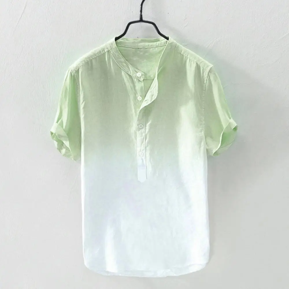Летняя мужская рубашка блузка Прохладный и тонкий дышащий воротник висячая окрашенная Градиент Хлопок Лен Повседневная Блузка с коротким рукавом