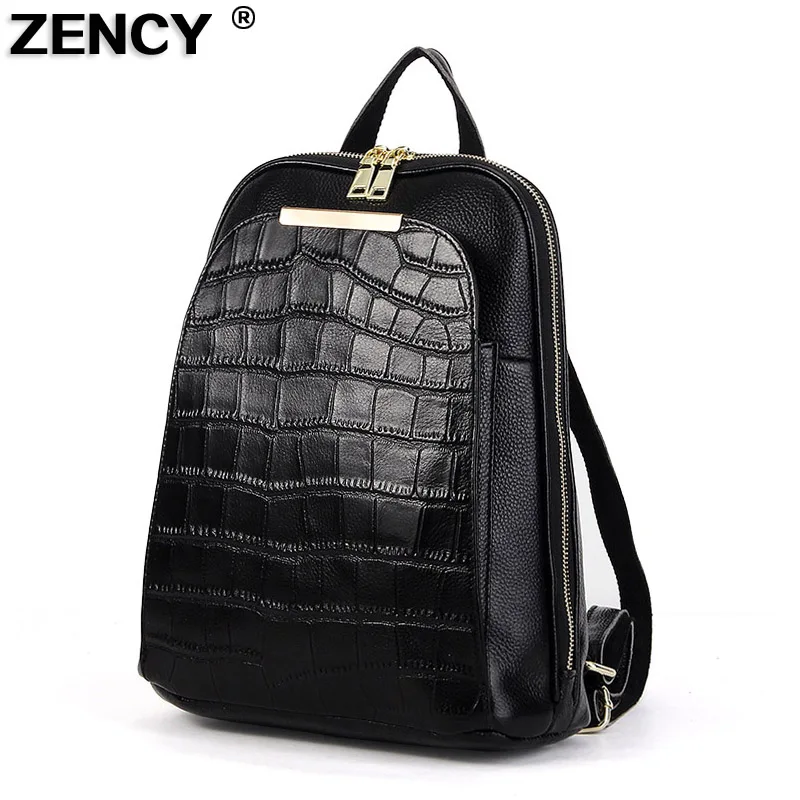 Prix ZENCY 100% véritable cuir de vache noir blanc argent gris femmes conception sac à dos dame haut pour fille couche peau de vache sac d école Mochila
