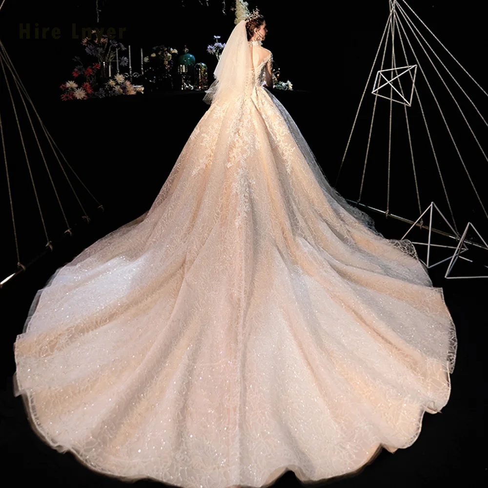 Robe De Mariee Princesse De Lux роскошное кружевное бальное платье с высоким горлом и длинным рукавом, украшенное бусинами и жемчужинами, свадебные платья