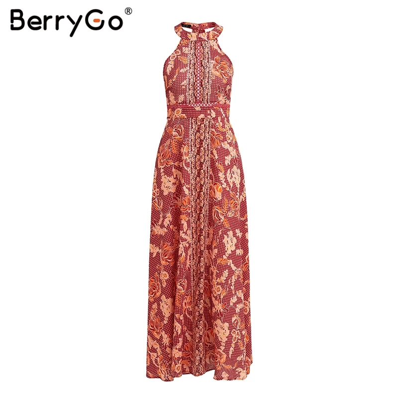 BerryGo, сексуальные женские платья с открытой спиной, длинное платье, летнее платье, цветочный принт, бохо, шнуровка, женские платья, винтажные платья - Цвет: Красный