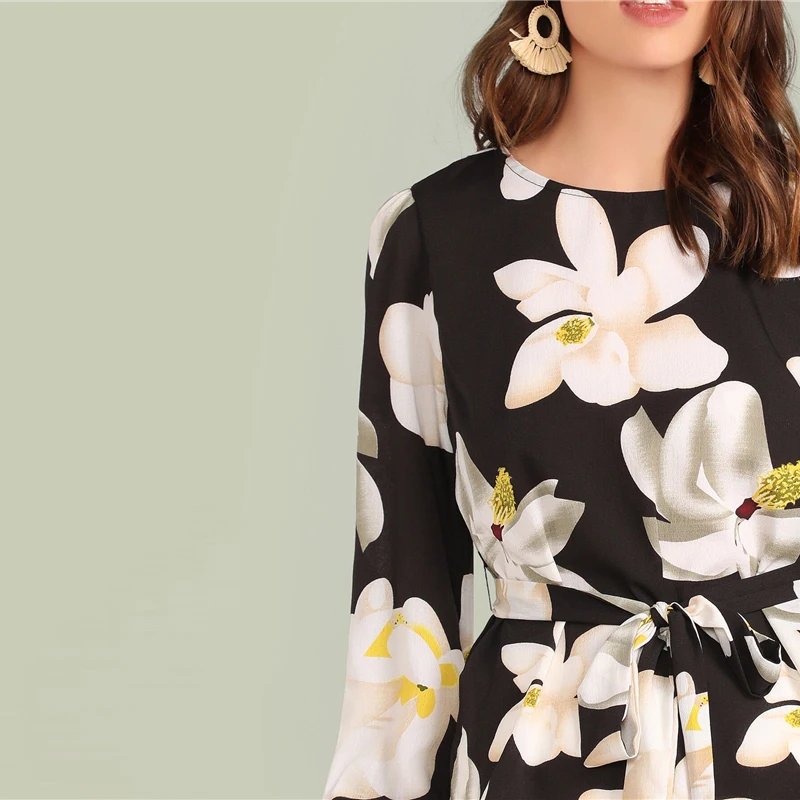 SHEIN блуза с цветочным принтом и закругленным подолом, с поясом, с рукавом Бишоп, элегантная, с поясом, весна-осень, блуза с круглым вырезом