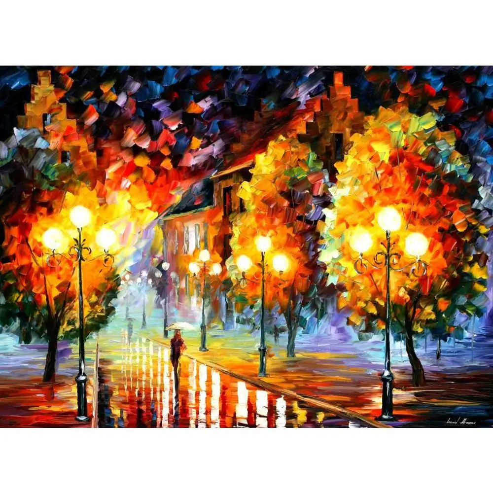 

Modern art landscape rain in the night city palette knife oil painting High quality Hand painted home decor