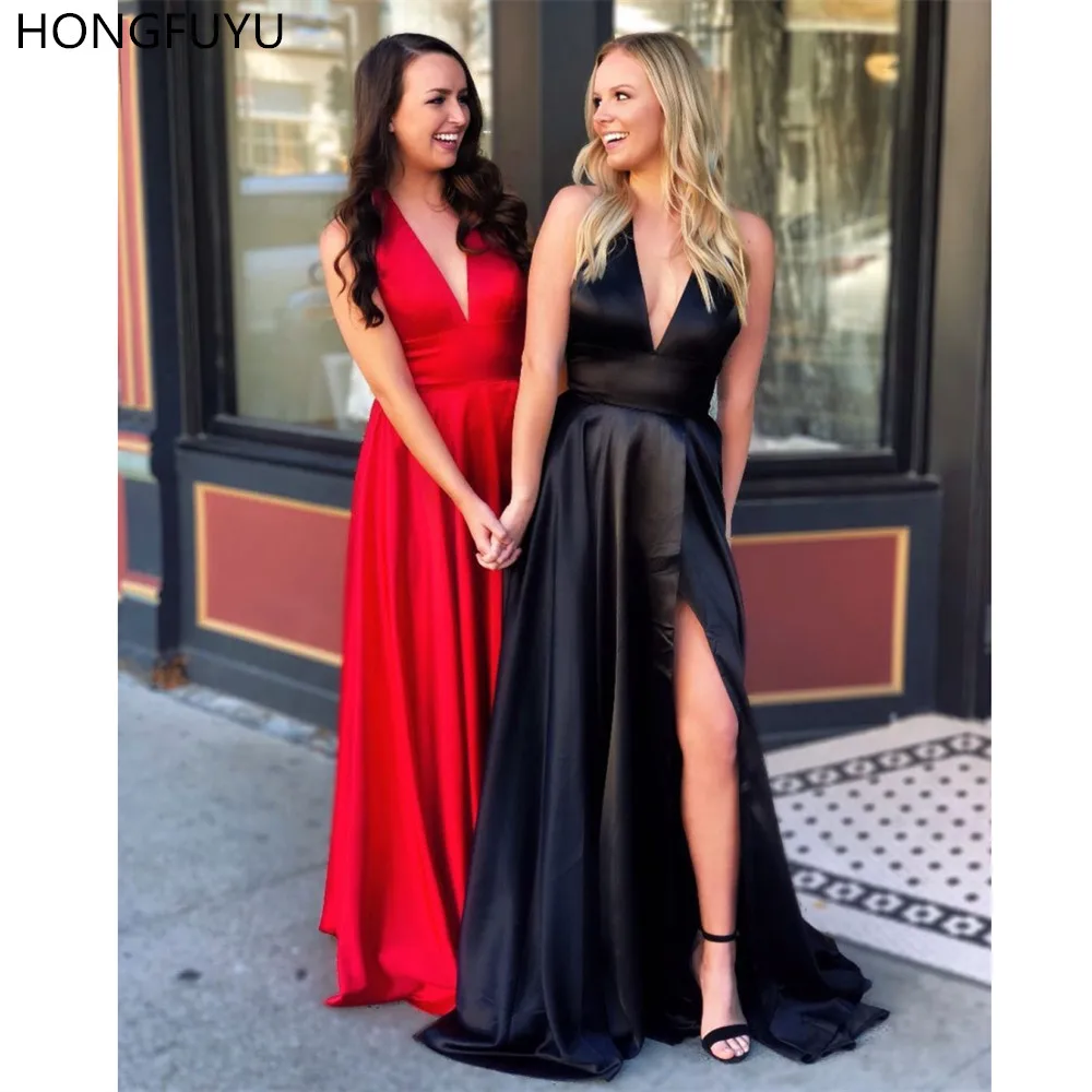 

HONGFUYU A Line Evening Dresses Long Satin Halter V Neck Satin Sleeveless Prom Party Dress with Slit for Women Formal Occasion