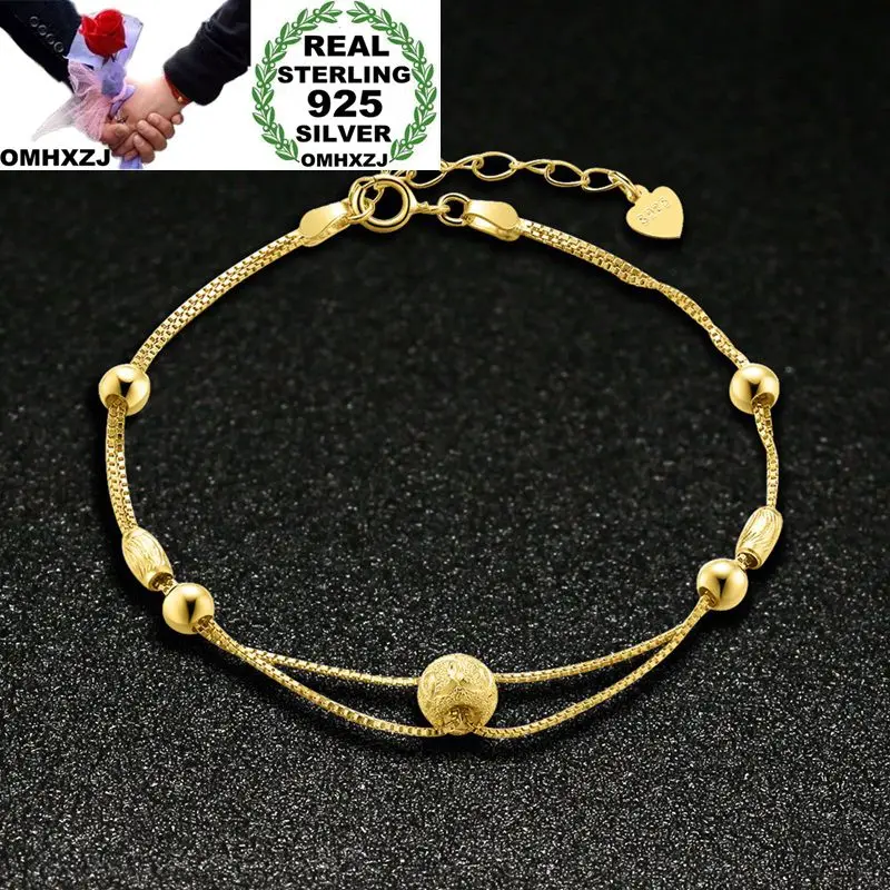 

OMHXZJ Wholesale Personality Fashion Woman Girl Gift Silver Gold Round Beads Two Lines Chain 925 Sterling Silver Bracelet BR26