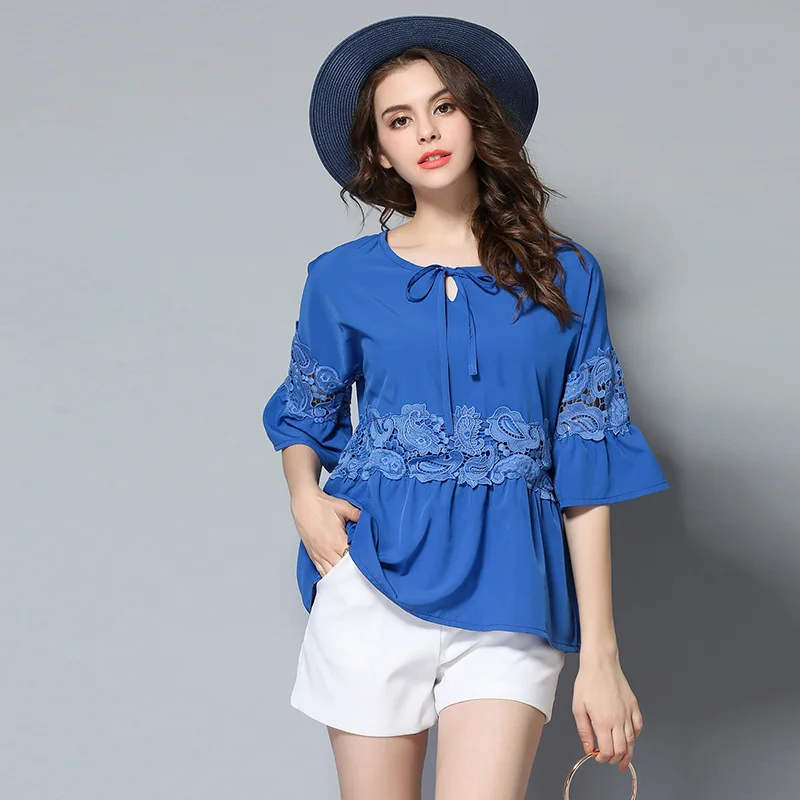 Buy Loose Chiffon Blouse Lace Inset Bell Sleeve Summer