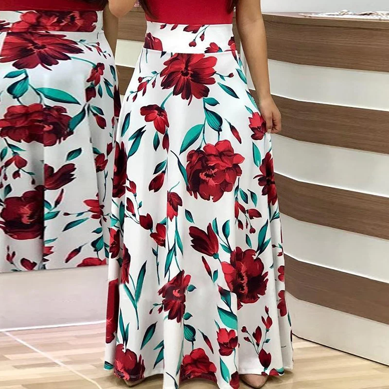 Summer Fake Two Piece Plus Size Floor-length Dress Women Short Sleeve Printing Dresses Female O-Neck Dot Long Maxi Vestidos