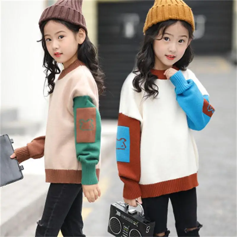 

2018 Spring Festival Girls Girls Casual Sweater New Fashion Contrast Color Big Boy Cartoon Pullover Stretch Bottom