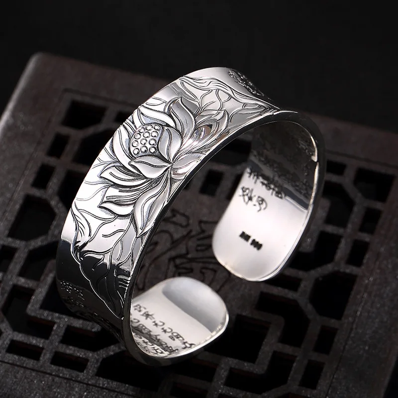 

S999 Pure Silver Lotus Prajna Paramita Heart Sterling Silver Retro Ladies Open Bracelets Buddhist Sutra Bracelet