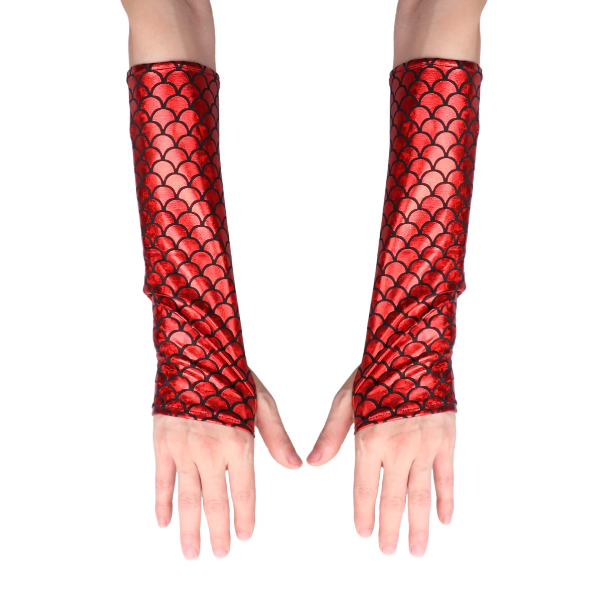 Adult Mermaid Arm Sleeves Gloves Fish Scale Pattern Printed Fingerless Long Gloves Arm Sleeves Halloween Costume Accessory