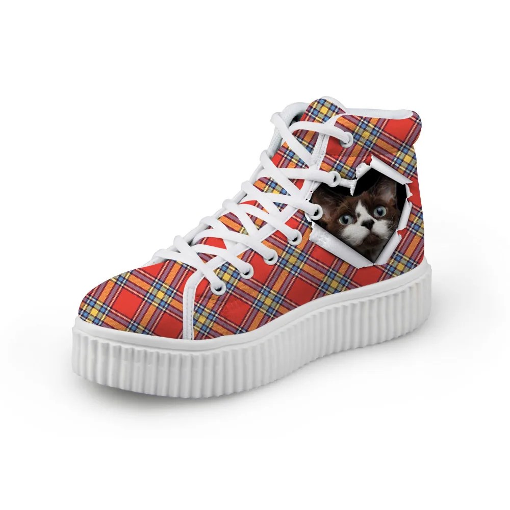

Noisydesigns Teenagers Girls Ankle Boots Plaid pet cat dog Print Women Flats Platform Creepers Height Increasing High Top Shoes