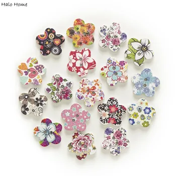 

50pcs Mixed 2 Hole Flower Wood Buttons Sewing Scrapbooking Home Clothing Decor Handmade Wooden DIY 17mm