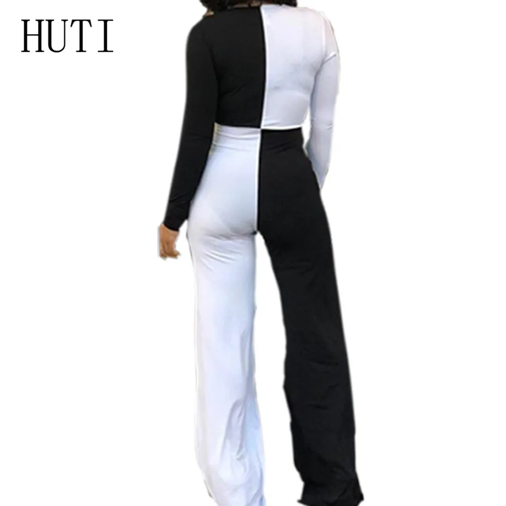 HUTI Black White Patchwork Jumpsuits Sexy Deep V Neck Long Sleeve Autumn Loose Playsuits Women Combinaison Femme Plus Size XXL HUTI Black White Patchwork Jumpsuits Sexy Deep V Neck Long Sleeve Autumn Loose Playsuits Women Combinaison Femme Plus Size XXL