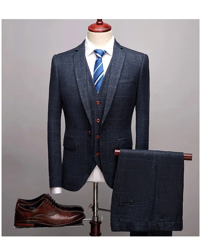 PEORCHID Single Breasted Burgundy Wedding Groom Suit Stripe Plaid Formal Prom Suit Men Party  Dress Suits Tuxedo Navy/Grey 2019