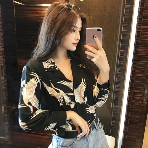 

2019 Spring Summer Top Fashional Crane Printing Blouse Women Office Lady Full Pocket Shirt Turn-down Collar Plus Size 4xl Blusas
