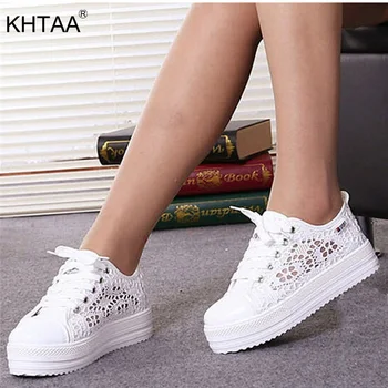 

Women Mesh Casual Shoes Flat Lace-Up Ladies Vulcanzie Shoes Canvas Hollow Lace Breathable Platform Shoes Outdoor Walking Woman