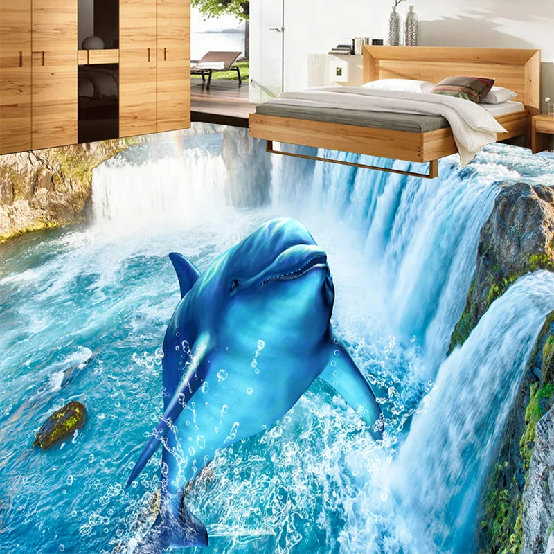 Beste 3D Behang Moderne Watervallen Dolfijn Vloertegels Muurschilderingen Sticker Woonkamer Slaapkamer PVC Waterdichte Zelfklevende Behang 3 D