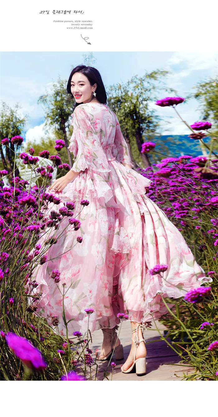 Новинка, Брендовое модное женское платье с цветочным рисунком, v-образным вырезом, кружевом и расклешенными рукавами, шифоновое макси платье, богемное длинное платье, Vestidos De Fiesta