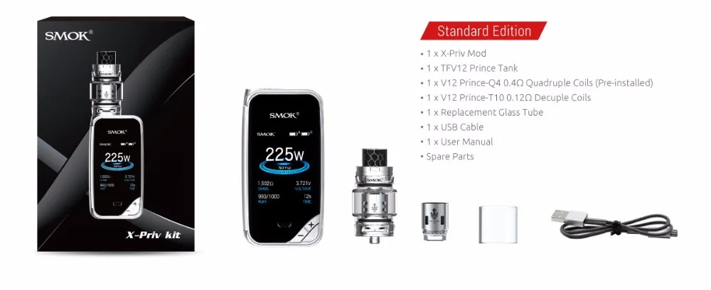 Smok X-Priv Vape Kit 225W X Priv Box Mod 8ml TFV12 Prince Tank with V12 Prince Q4 T10 Coil Electronic Cigarette Vaporizer