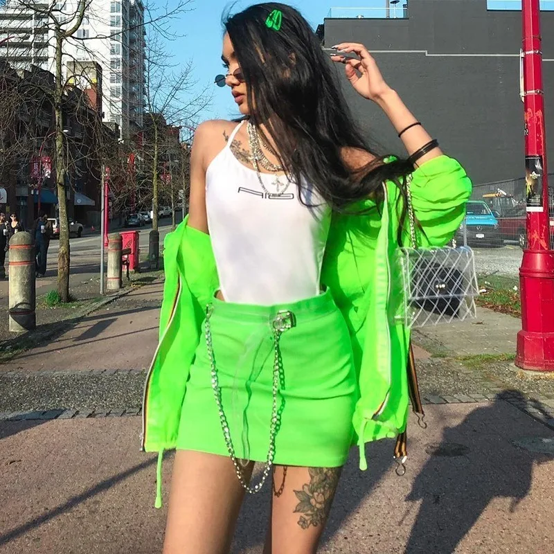 Minifalda verde fluorescente Genayooa para mujer, Falda corta de verano Coreana de cintura alta amarilla, faldas para mujer, ropa de calle 2019 - Ropa de mujer