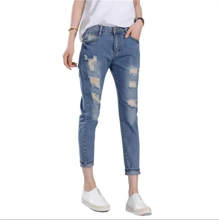 2018 trendy ripped elastic waist women jeans woman jeans with high waist ladies mom denim pants femme boyfriend jeans for women