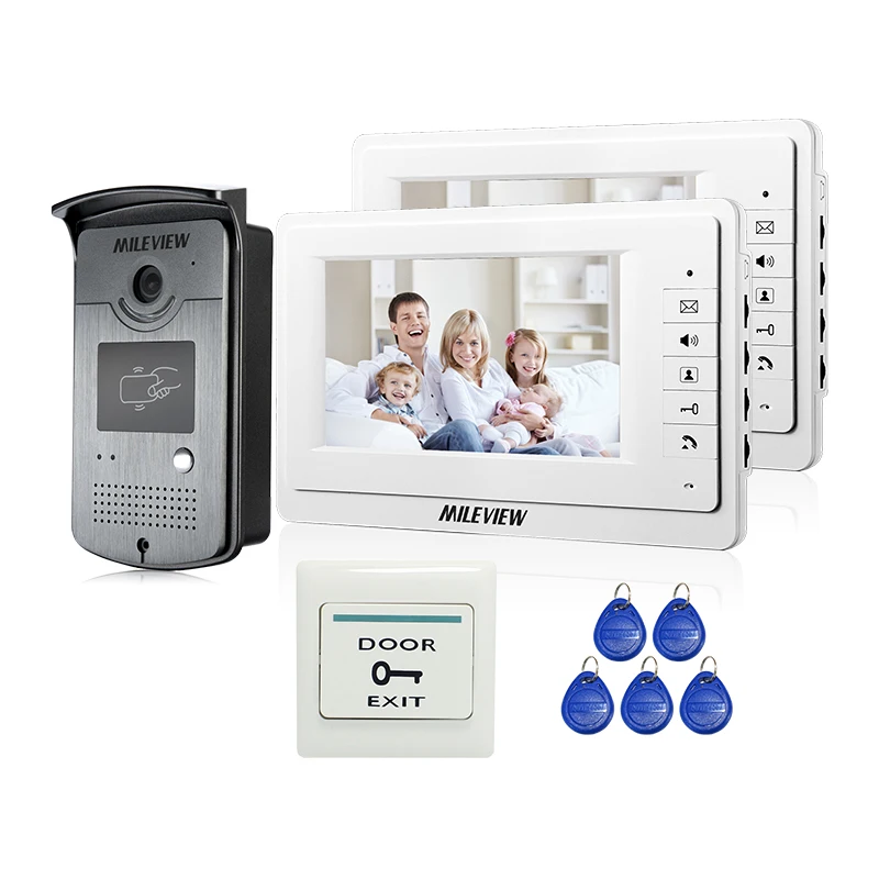

Wholesale New Wired 7 inch Video Door Phone intercom Entry System With 2 White Monitor + RFID Card Doorbell Camera FREE SHIPPING