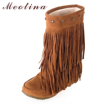 

Meotina Mid-Calf Boots Women Boots Winter Fringe Height Increasing Heel Boots Tassel Med Heel Shoes Lady Yellow Large Size 34-43