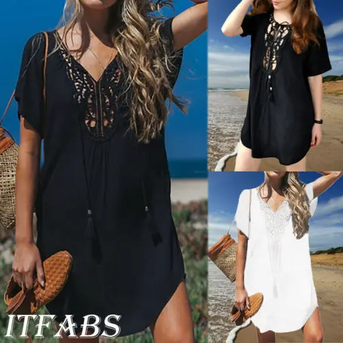 

Women Short Sleeve Loose Dress Ladies Summer Shirt Dress Holiday Beach Tops