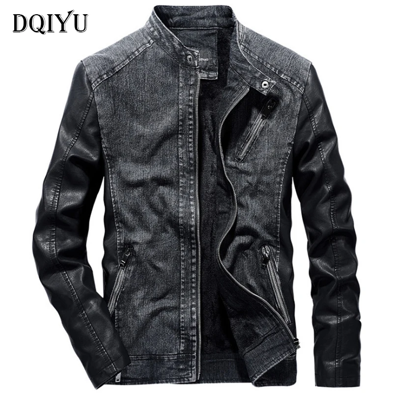 

New Vintage Denim Jacket Coat Men Trend PU Patchwork Suede Motorcycle Jacket Slim Fit Men's Jean Jackets
