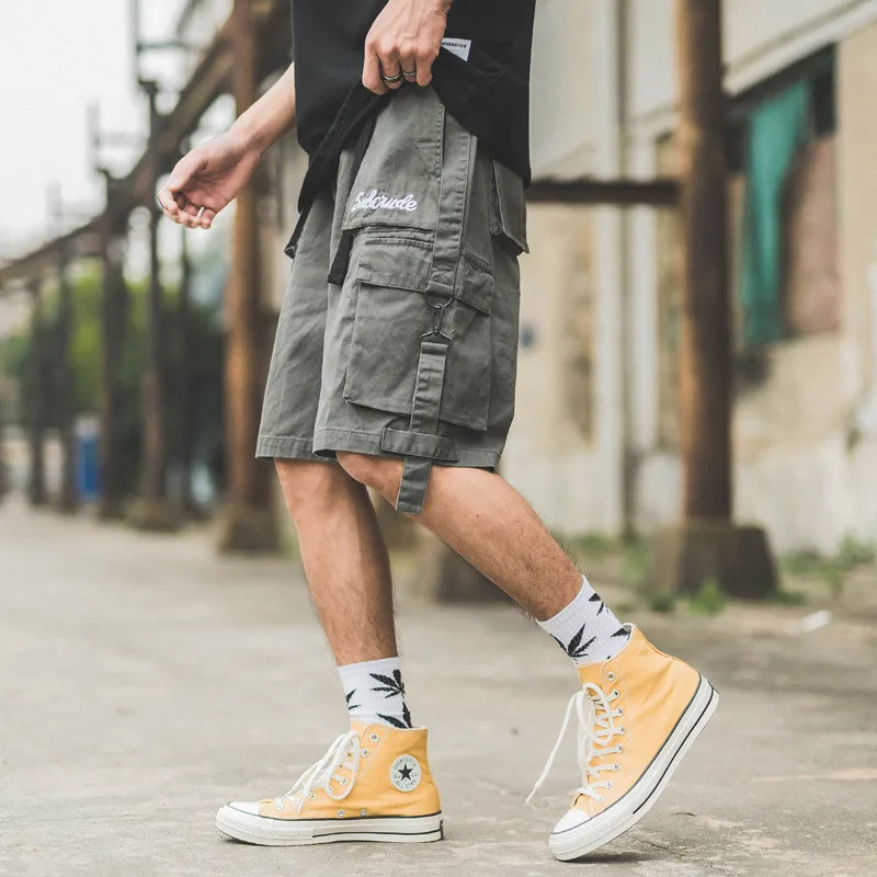 Японские мужские брюки-карго Харадзюку с лентами, уличная одежда для мальчиков в стиле хип-хоп, Короткие штаны с вышивкой и завязками, большие размеры M-XXL