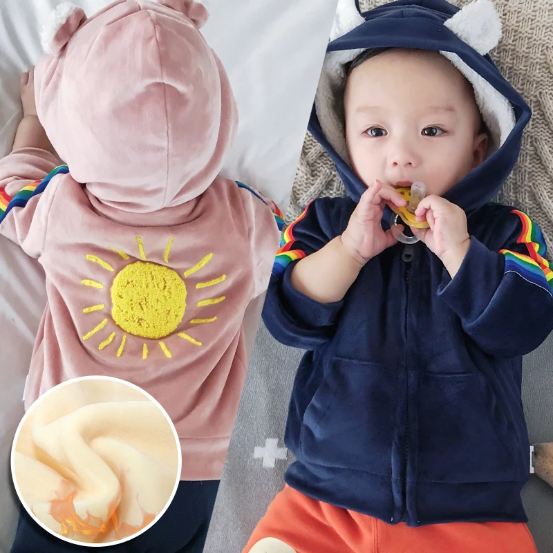 Lemonmiyu/Детские теплые куртки с капюшоном и рисунком из мультфильма; утепленные бархатные зимние пальто для новорожденных; модная верхняя одежда на молнии для младенцев