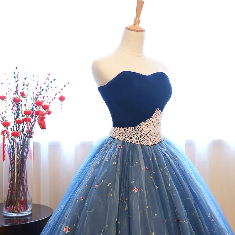 Синий Бальные платья Бархат бисером сладкий 16 Бальные платья Vestidos De 15 Anos