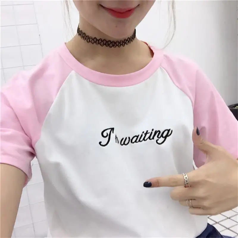 2018 Для женщин футболка панк Kawaii ulzzang ожидания письмо вышитые футболки женский