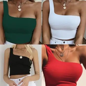 Women Lady Female One Shoulder Crop Tops Sleeveless Shirts Summer Beach Blouse Bare Midriff Summer