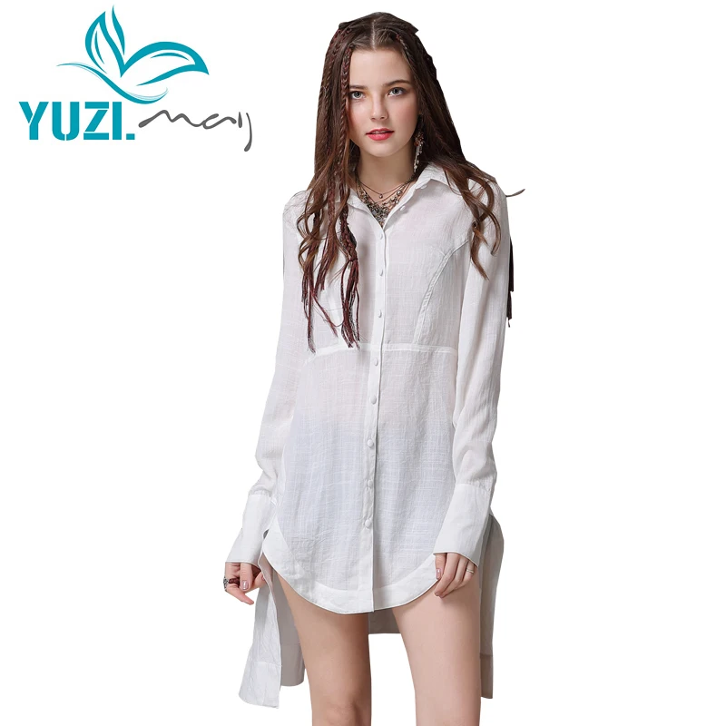 

Women's Blouse 2018 Yuzi.may Boho New Cotton Linen Blusas Turn-down Collar Long Sleeve Asymmetrical Hem Women Shirt B9255