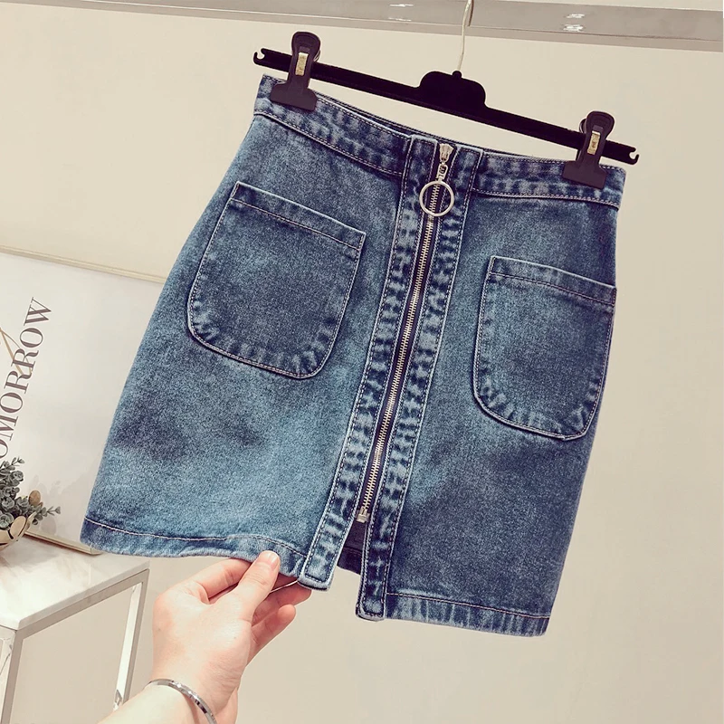 

Size S-5XL 2019 Summer High Waist Denim Skirt Women Plus Size Casual Zipper A-line Mini Skirts Pocket All-matched Jeans Skirt