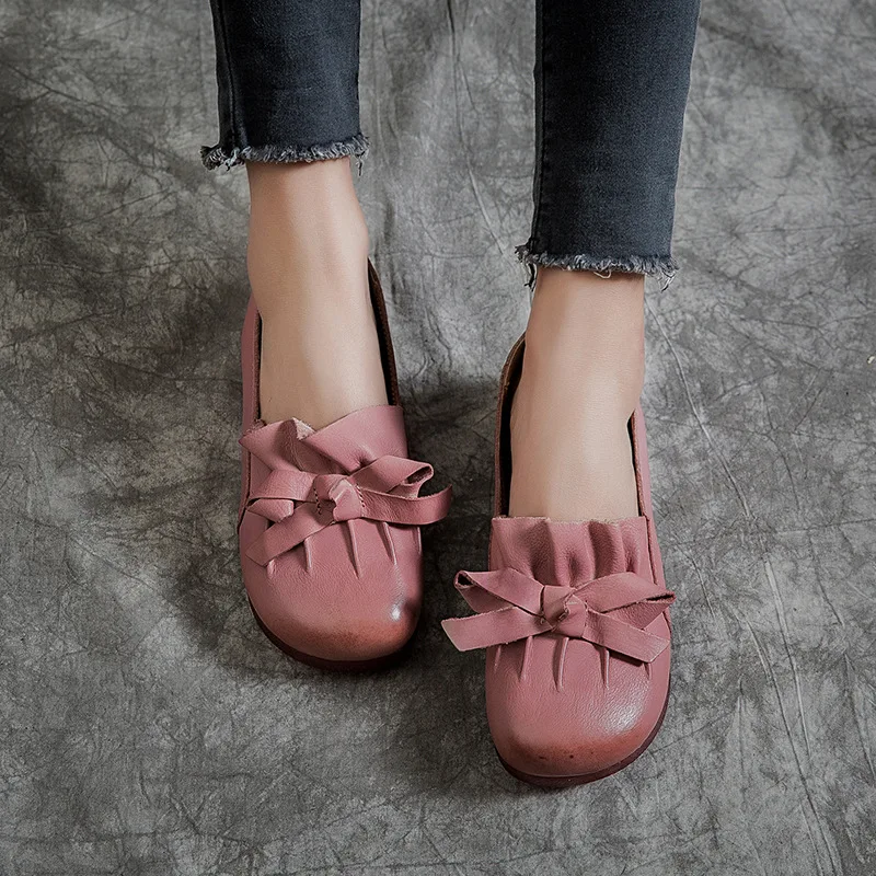 

Women Leather Loafers Pink Casual Shoes Spring 2019 Retro Comfortable Flats Women Handmade Genuine Leather Lazy Shoes Slip On
