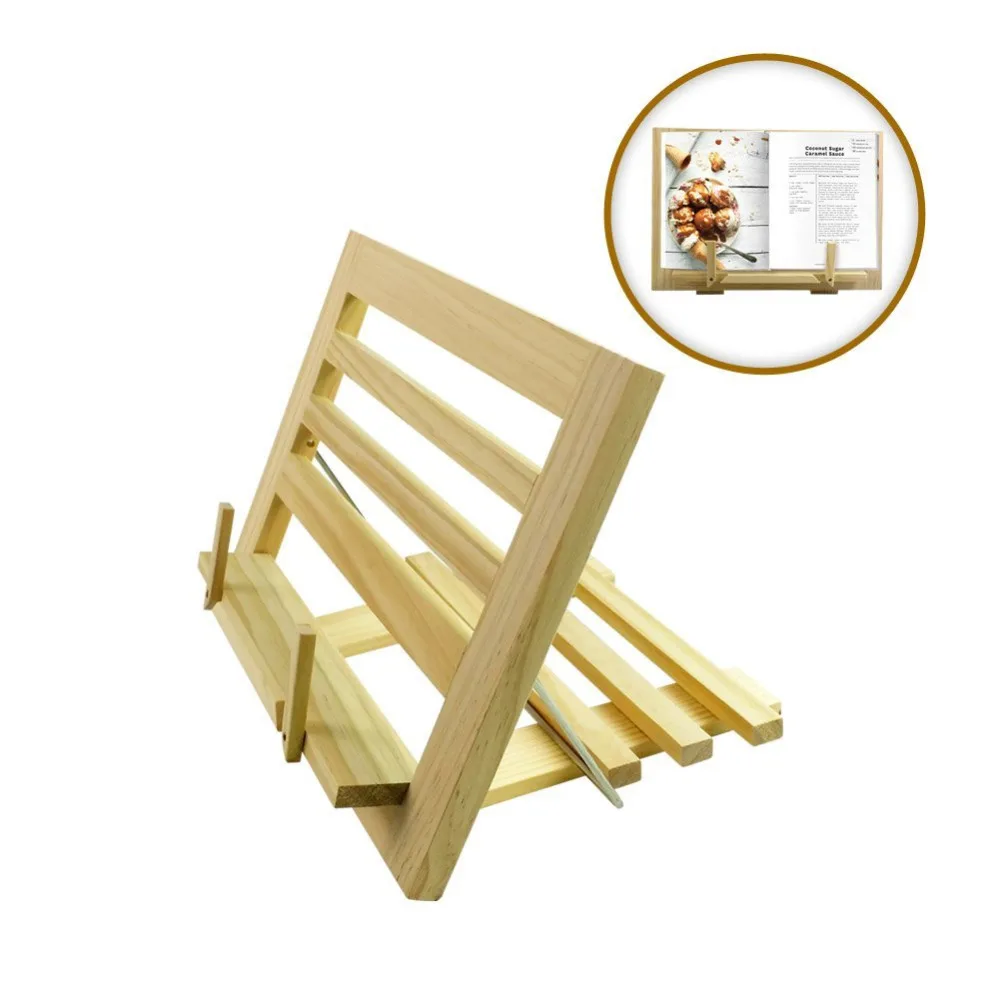 

Adjustable Folding Wooden Cookbook Stand | Reading Rest Display Holder for Music Sheet Recipe Books Document Gadget iPad