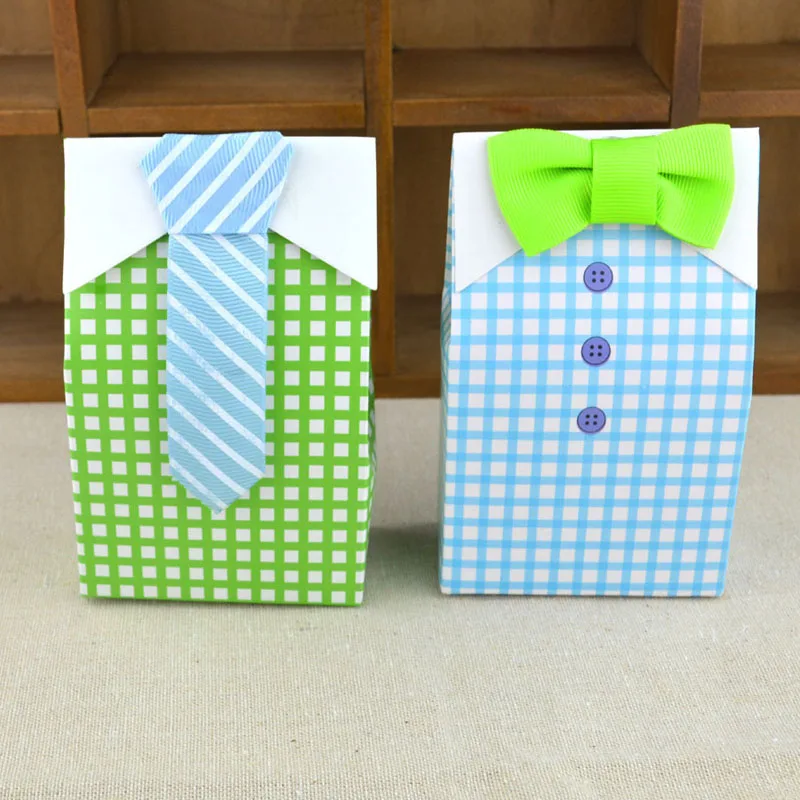 

5pcs Creative Blue Striped Tie and Green Bow Cloth Shape Gift Box Wedding Favor Candy Box Party Birthday Baby Shower Supplies