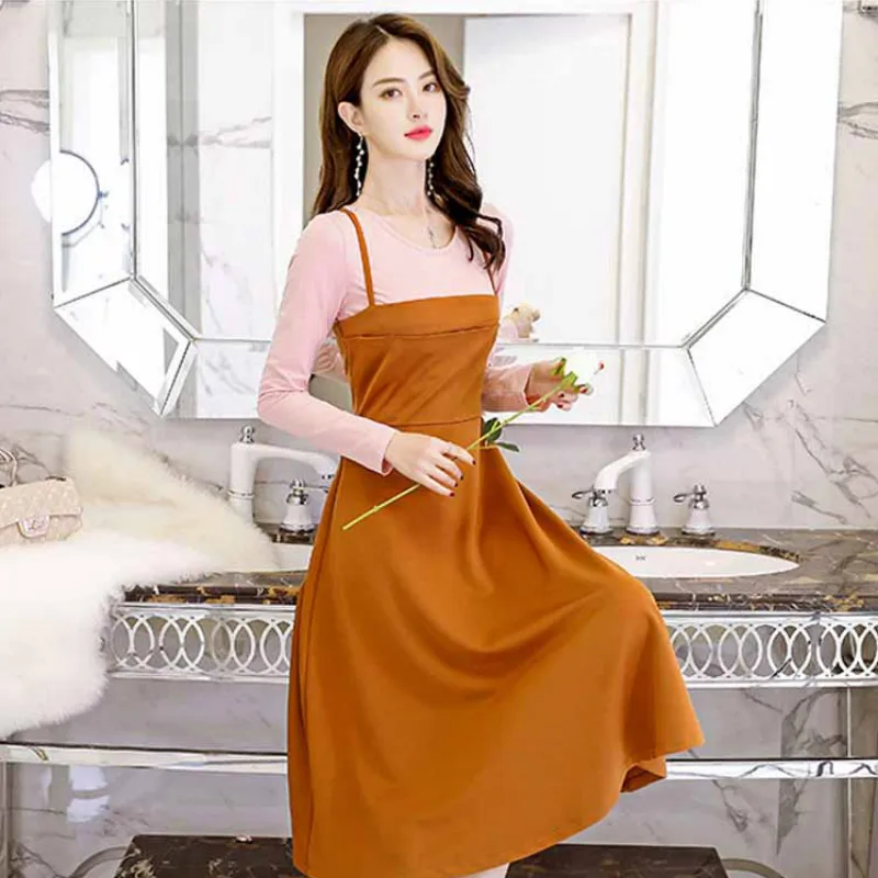 Women's sets slim long-sleeved shirt T-shirt + waist Big swing skirt temperament camisole skirt two piece set women Skirt sets