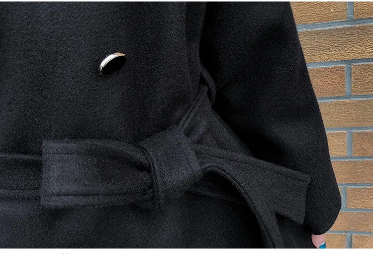 Зимнее модное черное Свободное пальто большого размера куртка Новое корейское женское Ретро теплое шерстяное пальто с длинными рукавами и поясом