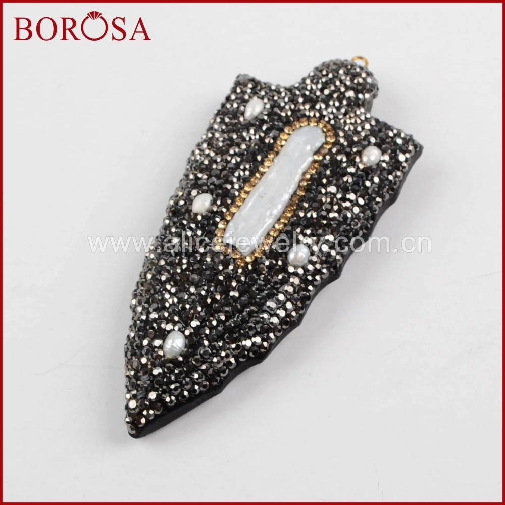 

BOROSA Python Skin Back Freshwater Pearl Bead Charm Crystal Zircon Rhinestone Pave Natural Pearl Charm Druzy Pendant JAB676