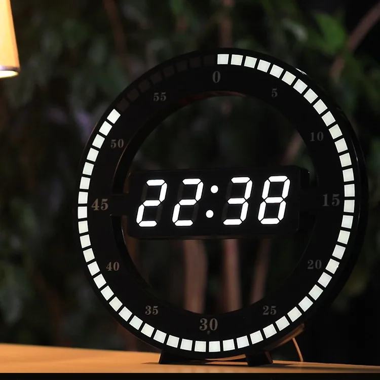 Creative Mute Hanging Wall Clock Black Circle Automatically Adjust Brightness Digital Led Display Desktop Table Clock