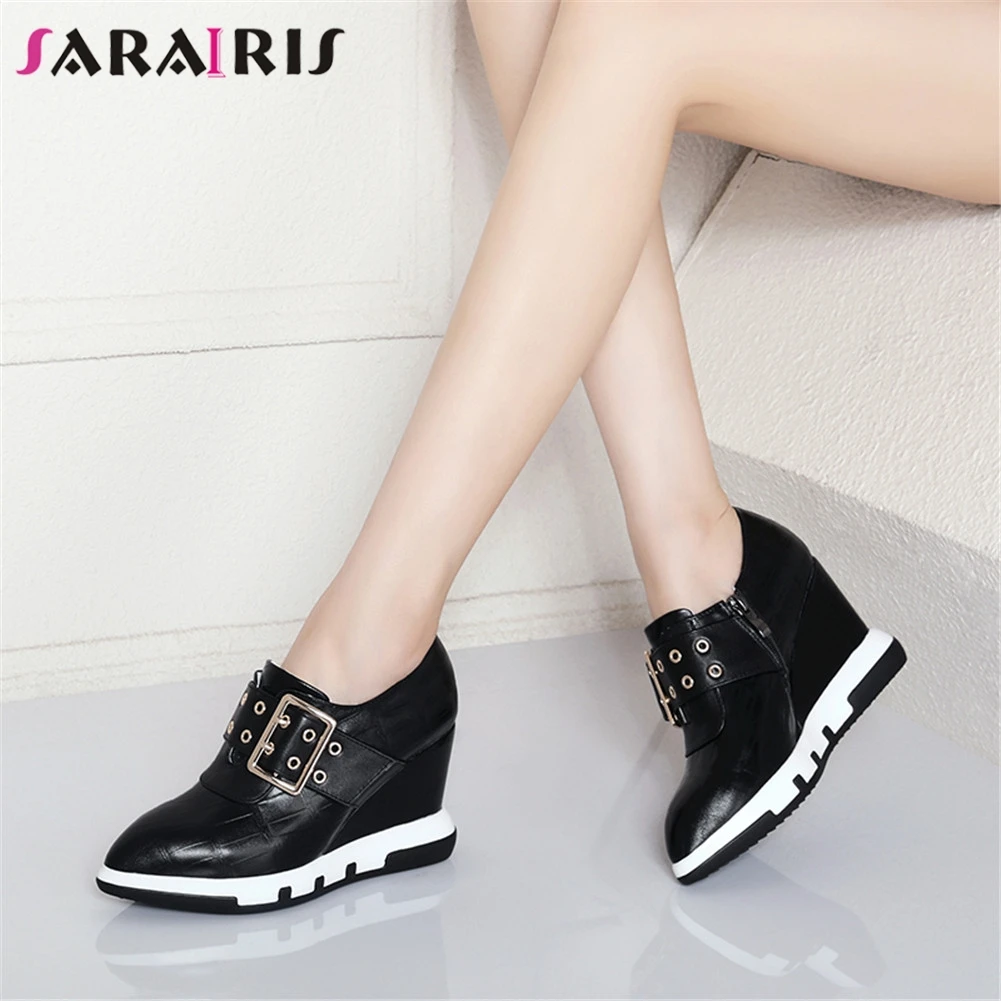 

SARAIRIS New Fashion Big Size 32-40 Genuine Leather Height Increasing Buckle Shoes Woman Casual Soft Autumn Spring Flats