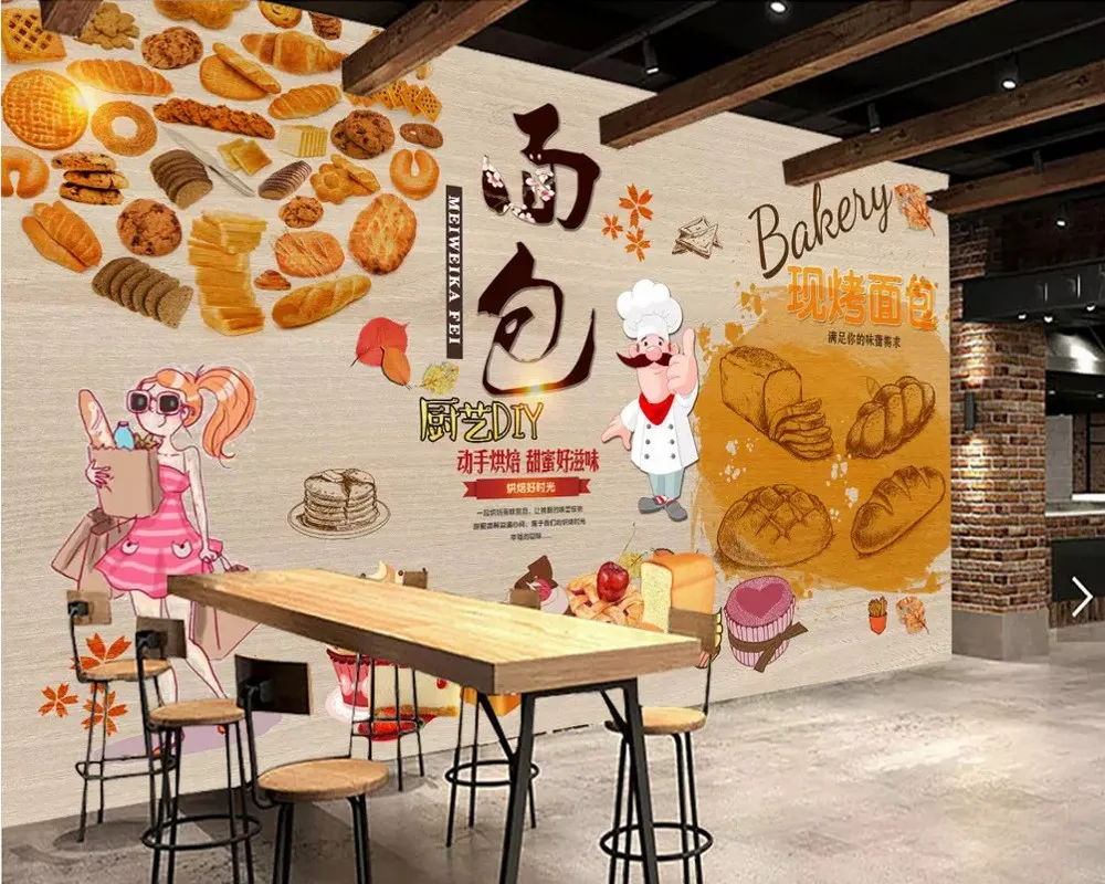 

Free Shipping Custom Wallpaper Mural Chinese Retro Style European Handmade Bread Catering Shop Backdrop Wall Painting Decoration