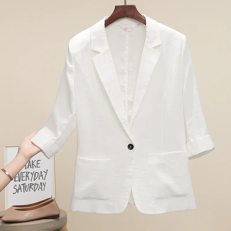 Плюс размер 5XL женский элегантный Блейзер Весна Лето Хлопок Лен черный белый зубчатый карманы Офисная Женская Повседневная Верхняя одежда костюм - Color: White