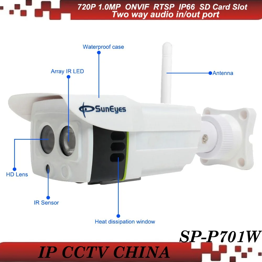 

SunEyes  SP-P701W ONVIF Wireless IP Camera Outdoor 720P HD  Project High Quality with Two Way Audio and Micro SD/TF Card Slot