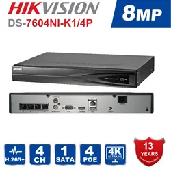 Hikvision DS-7604NI-K1/4 P 4CH POE встроенный Plug Play 4 К PoE NVR для ip-камеры системы видеонаблюдения Поддержка вечерние сетевой камеры